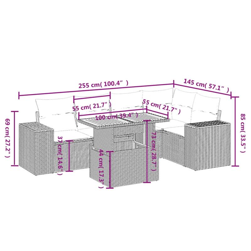 vidaXL Patio Sofa Set with Cushions Outdoor Furniture 6 Piece Poly Rattan - 24.4 x 24.4 x 27.2