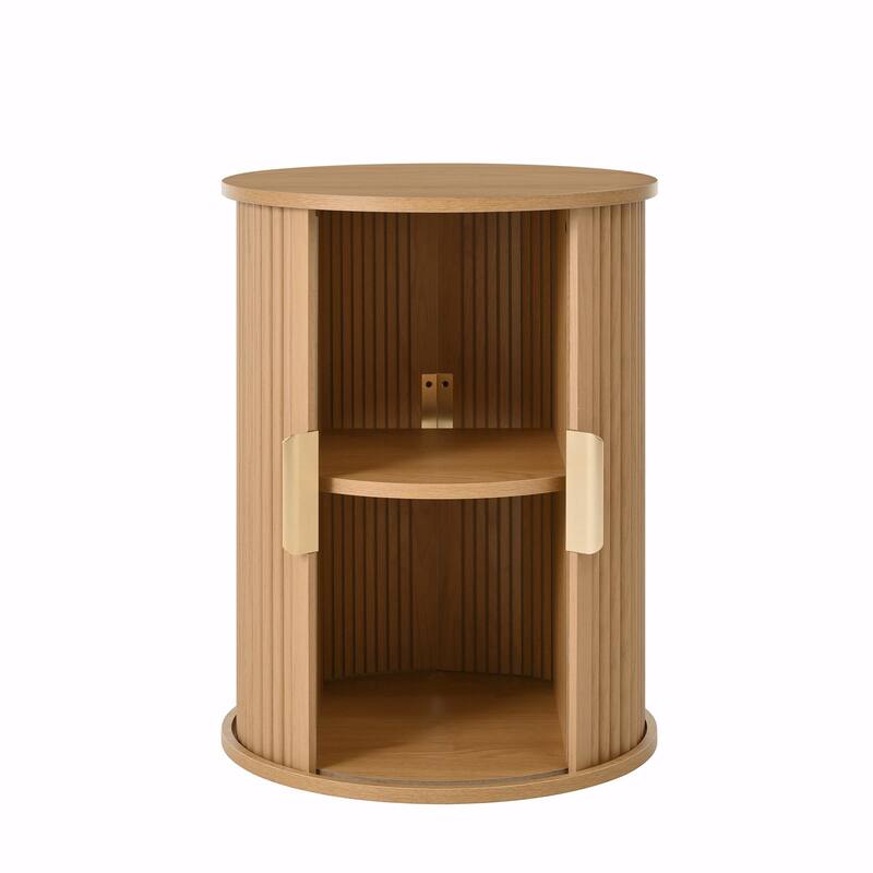 Mid-Century Coffee Table Set with Sliding Tambour Door - Round Fluted End Table with Storage