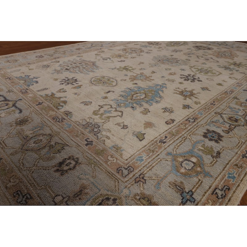Vegetable Dye Oushak Turkish Area Rug Handmade Beige Wool Carpet - 6'3"x 8'11"
