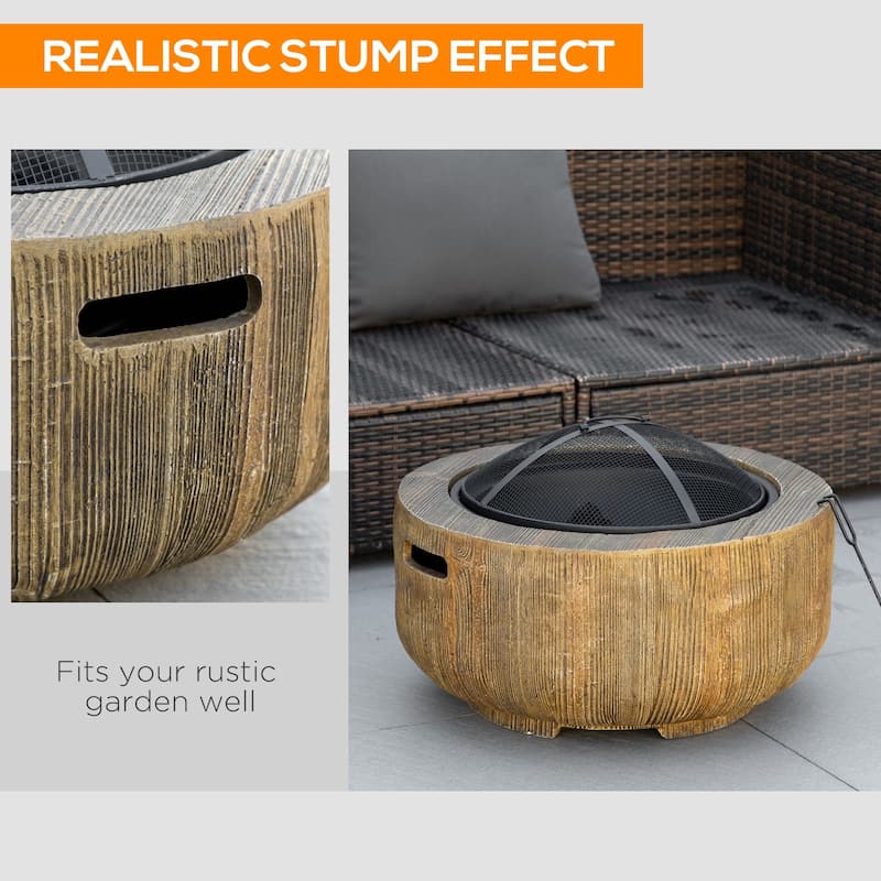 Outsunny Outdoor Fire Pit, 24 Inch Metal Wood Burning Fireplace with Spark Cover, Poker, Woodgrain Design