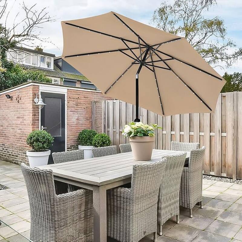 9 ft. Steel Market Outdoor Patio Umbrella with Solar 32 Lighted, Outdoor Umbrella with Push Button Tilt/Crank in Tan