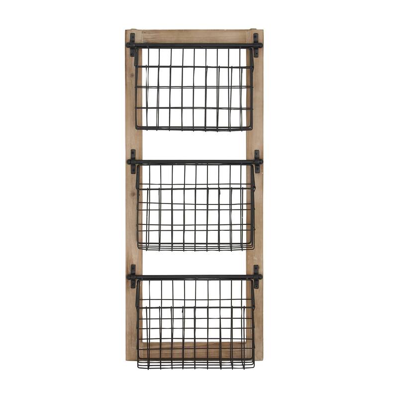 Black Metal 3 or 2 Slot Magazine Rack Holder with Wood Frame and Suspended Wire Baskets