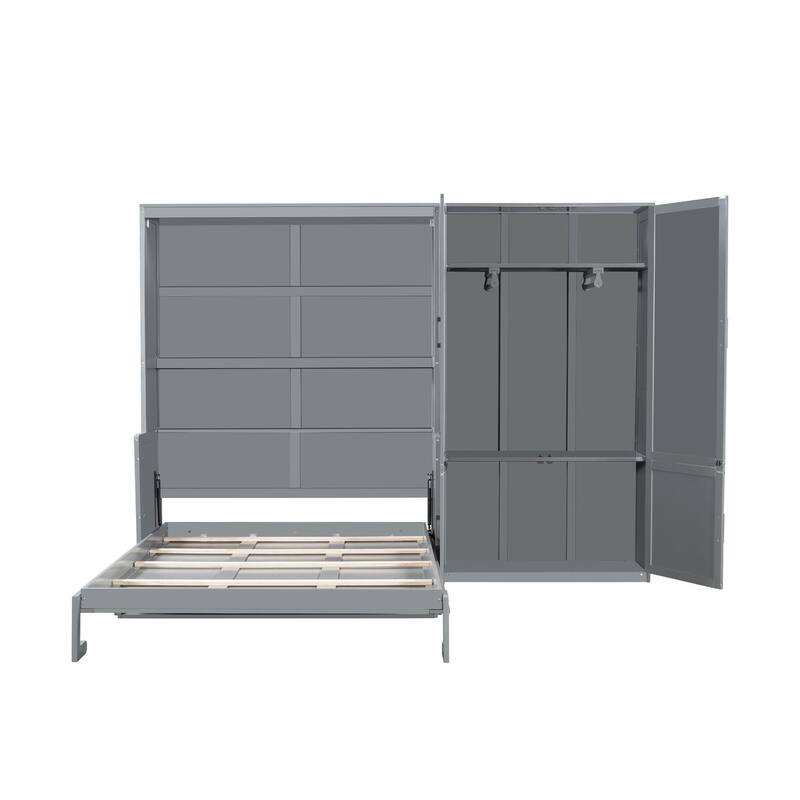 Queen Size Wall Bed with Closet and Hydraulic Lift System, Space-Saving Design, Gray