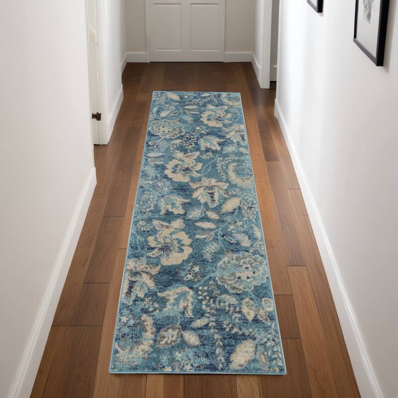 HomeRootsFloral Transitional Runner Area Rug - 87' X '27' X '0.5 - 87' X '27' X '0.5 - Navy Blue/Cream/Turquoise