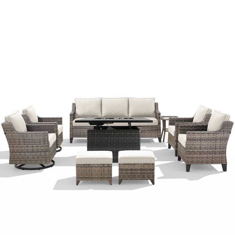 Glissia 9-Piece Gray Wicker Fire Pit Conversation Set with height-adjustable fire pit