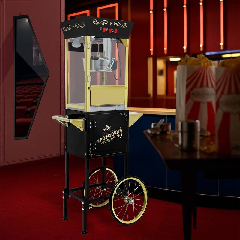 12oz Popcorn Machine Cart, Popcorn Cart with Wheels, Vintage Popcorn Machine with Stainless Steel Kettle