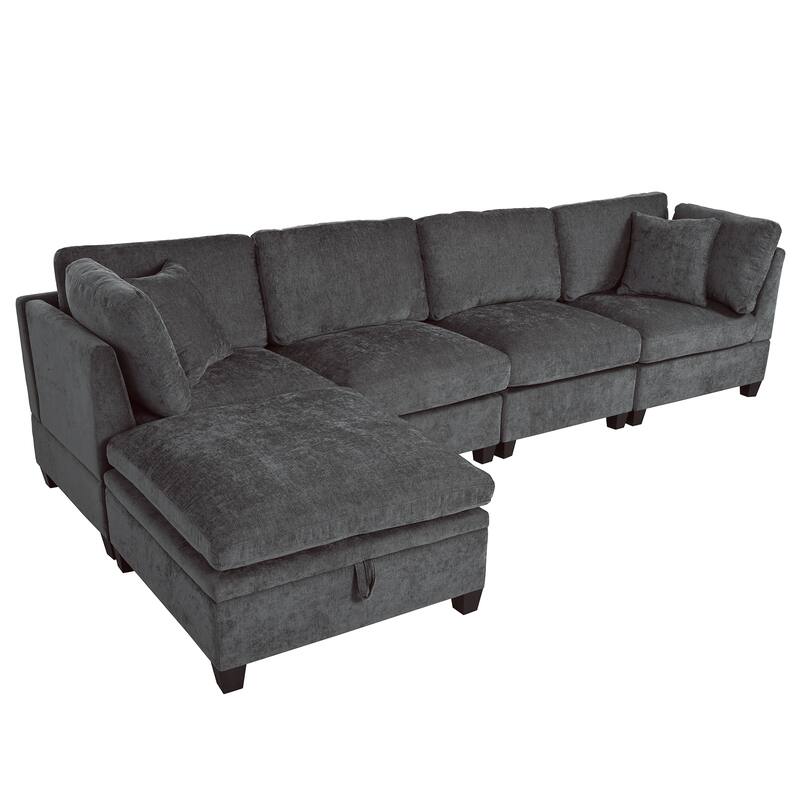Modular L Shaped Sofa 127.6" Upholstered Sectional Couch with Removable Storage Ottoman 2 Hidden Cup Holders