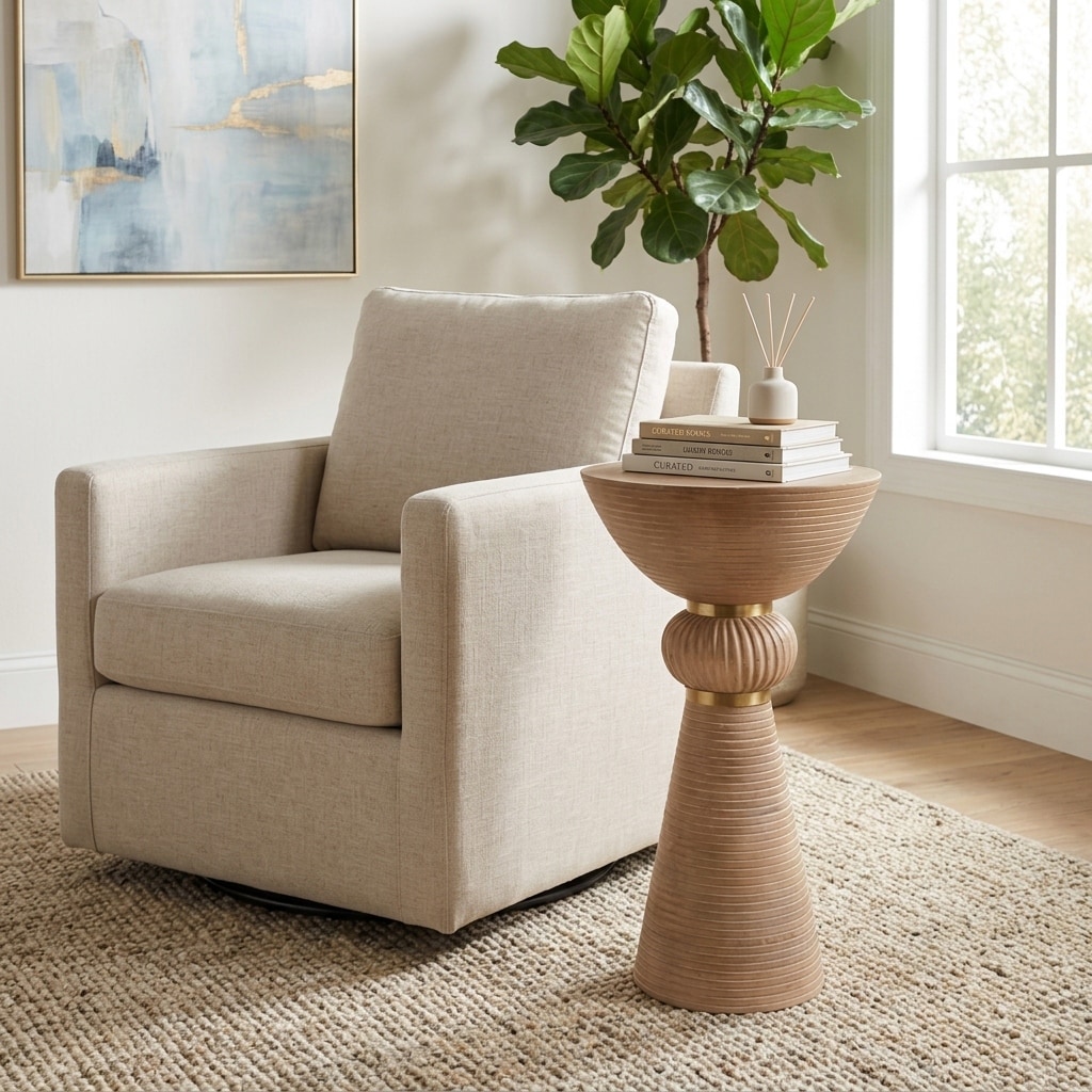 Chiseled Round Mango Wood Side Table - 23", Tan & Gold - 22.25"