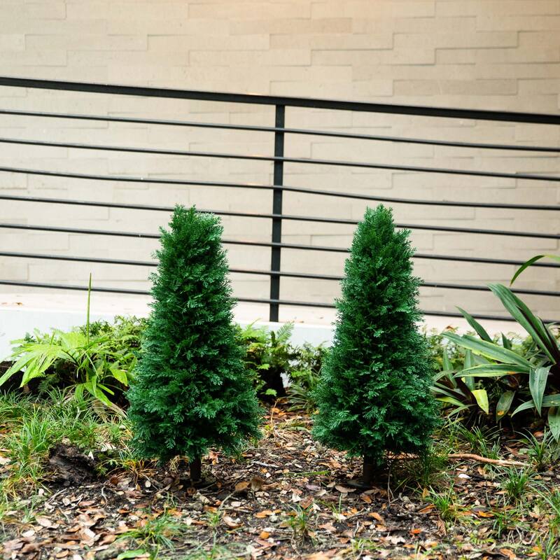 3' UV Resistant Artificial Cedar Plant with Stake - Set of 2 - Green