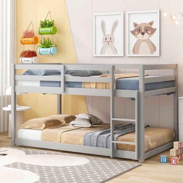 slide 2 of 5, Grey Twin over Twin Floor Bunk Bed with Ladder and Guardrails Grey