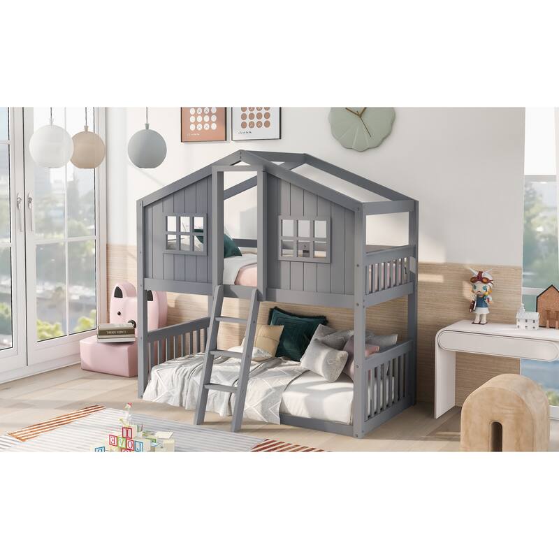 Twin Over Twin Wood Bunk Bed with Ladder, House Design, Gray Finish