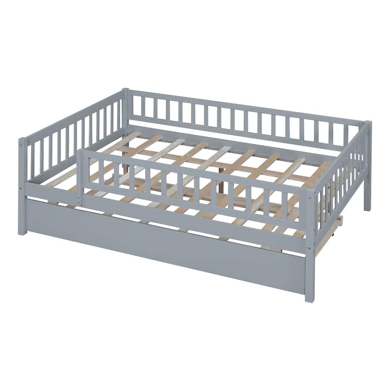 Full Size Platform Bed Wood Daybed with Trundle and Fence Guardrails