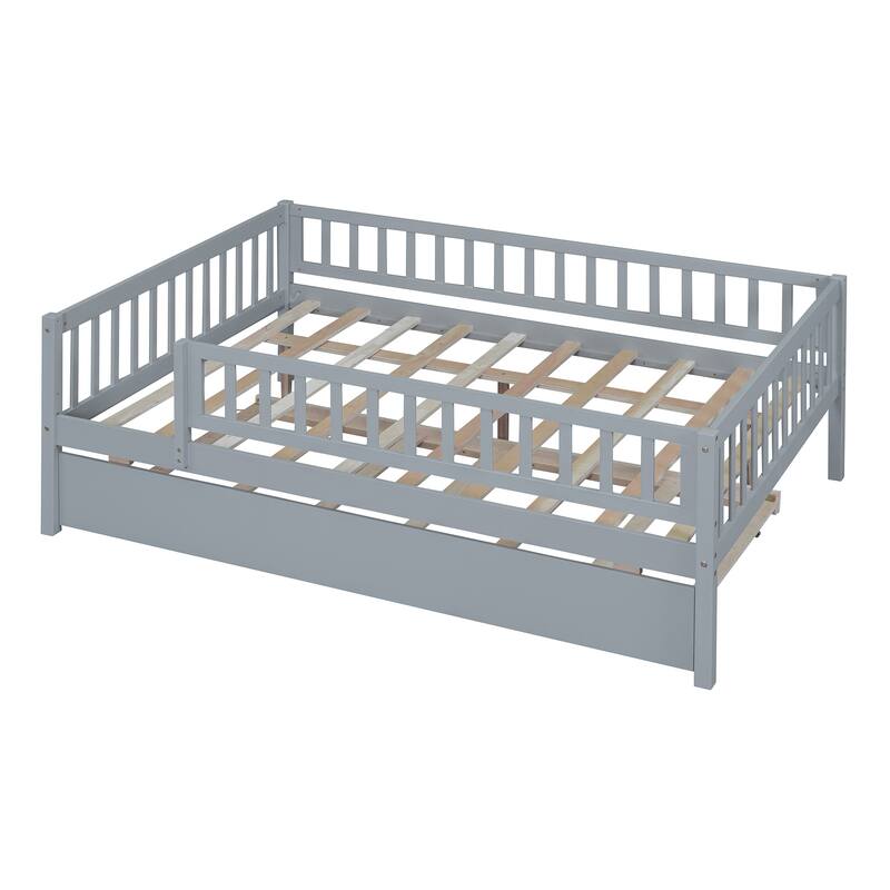Full Size Wood Daybed with Trundle and Fence Guardrails, Space-Saving Design