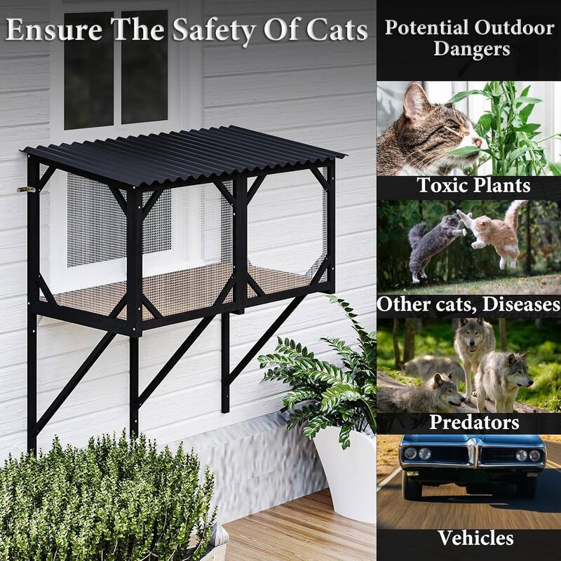 BOSSIN 47.2" All-Weather Window Cat Enclosure- Outdoor Window Perch for Large Cats, Sunbathing & Observation Platform