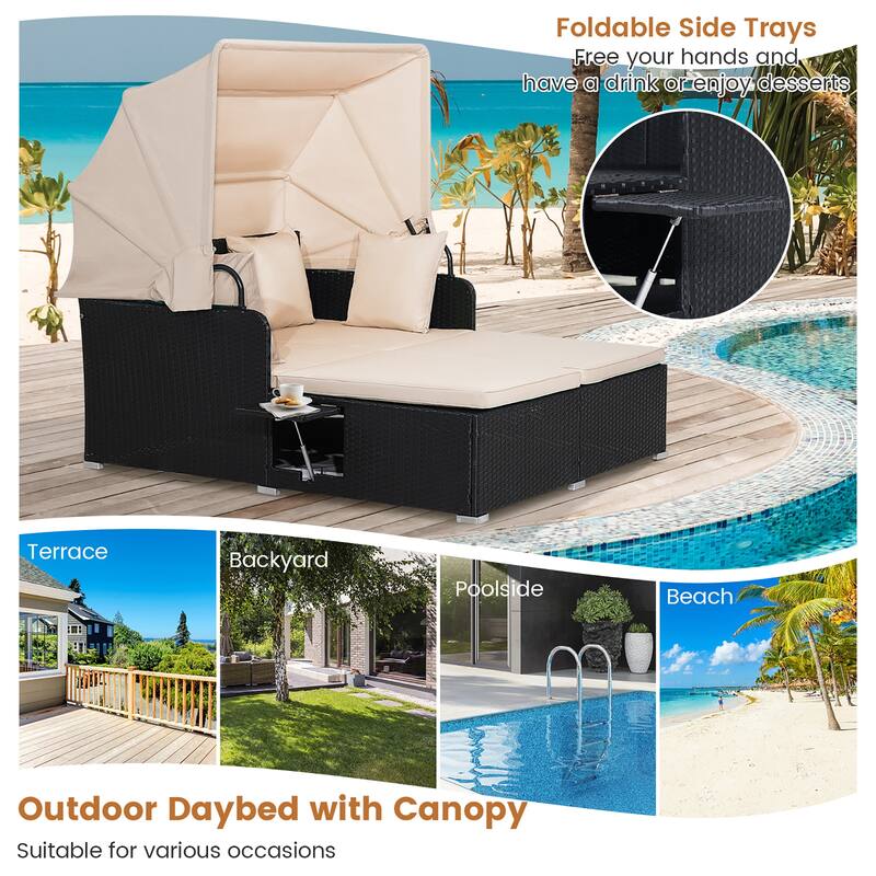 Gymax Patio Rattan Daybed Lounge Retractable Top Canopy Side Tables