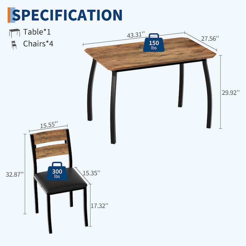 5 Piece Metal Frame Kitchen Table and Chair Set, with Chamfer Design