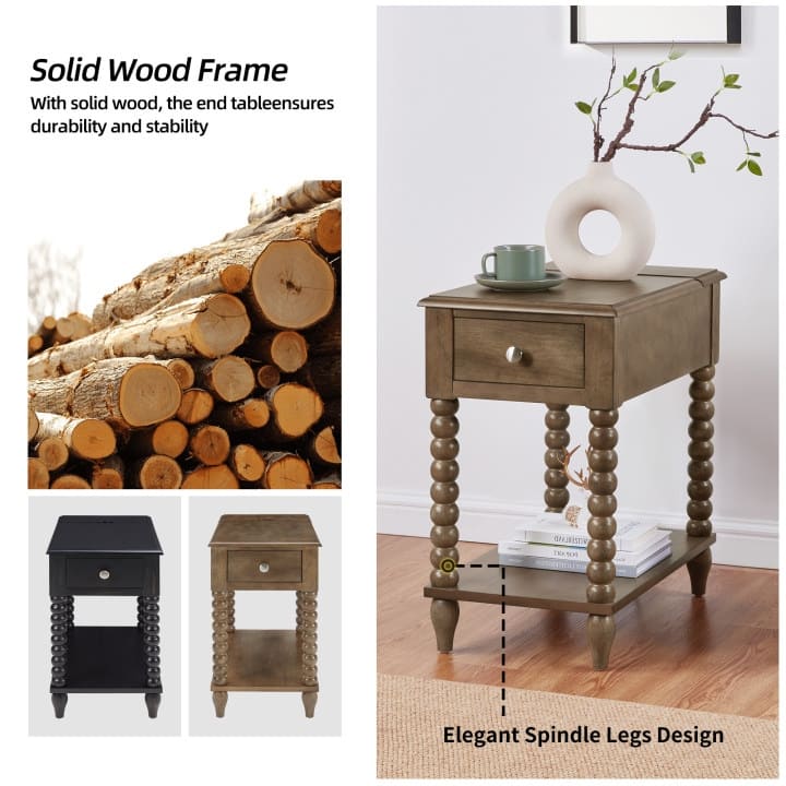 Traditional 23.6" Spindle Leg Wood End Table with USB
