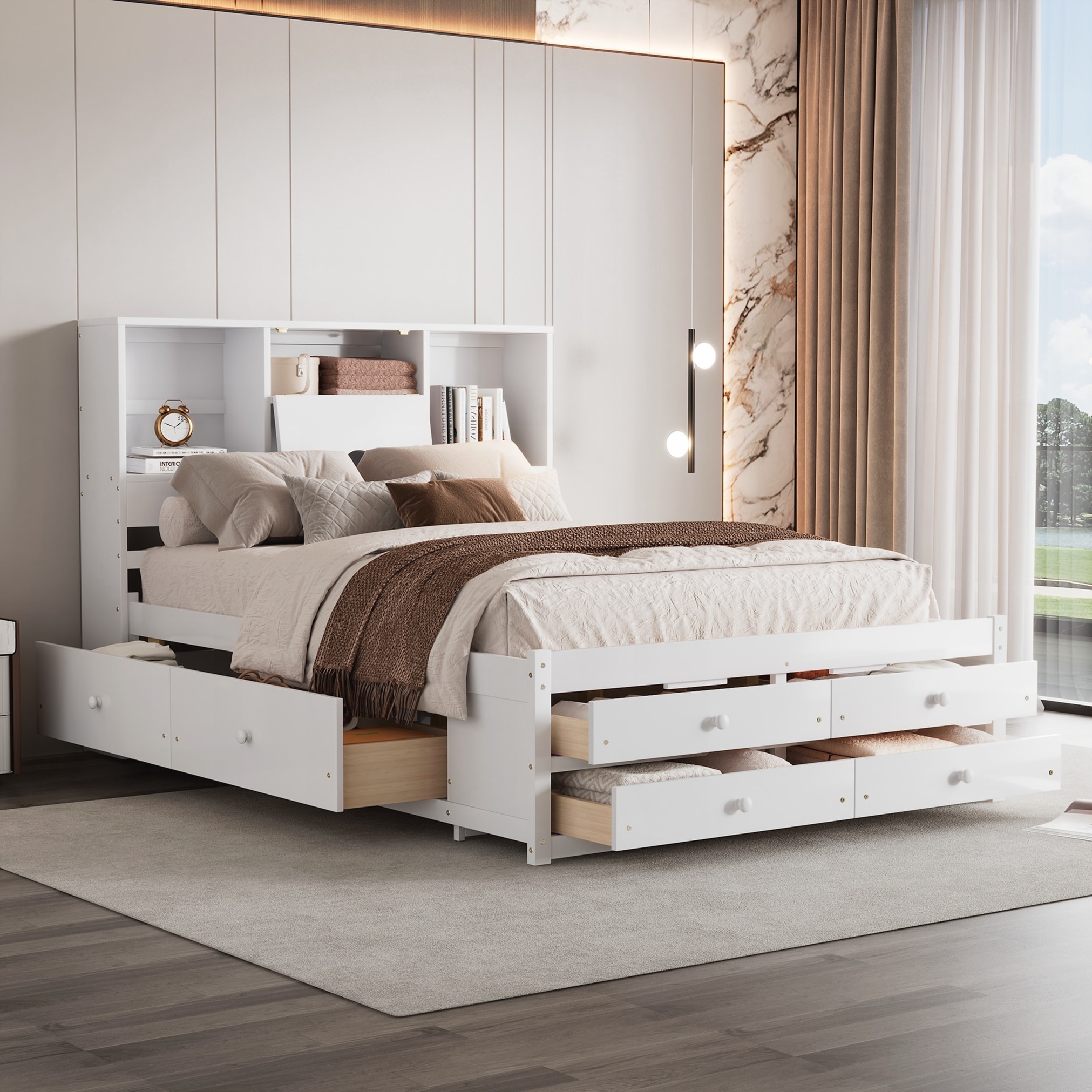 Queen Size Platform Bed with Storage Headboard and 8 Drawers
