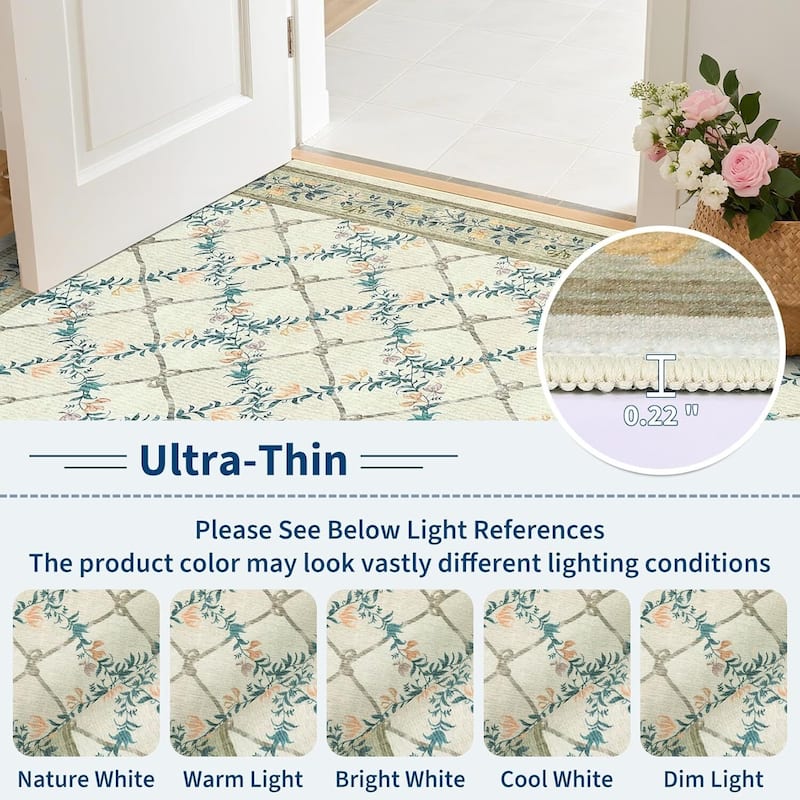 Floral Neutral Washable Hallway Low Pile Area Rug for Bedroom, Living Room, Sage Green - 2' x 3'