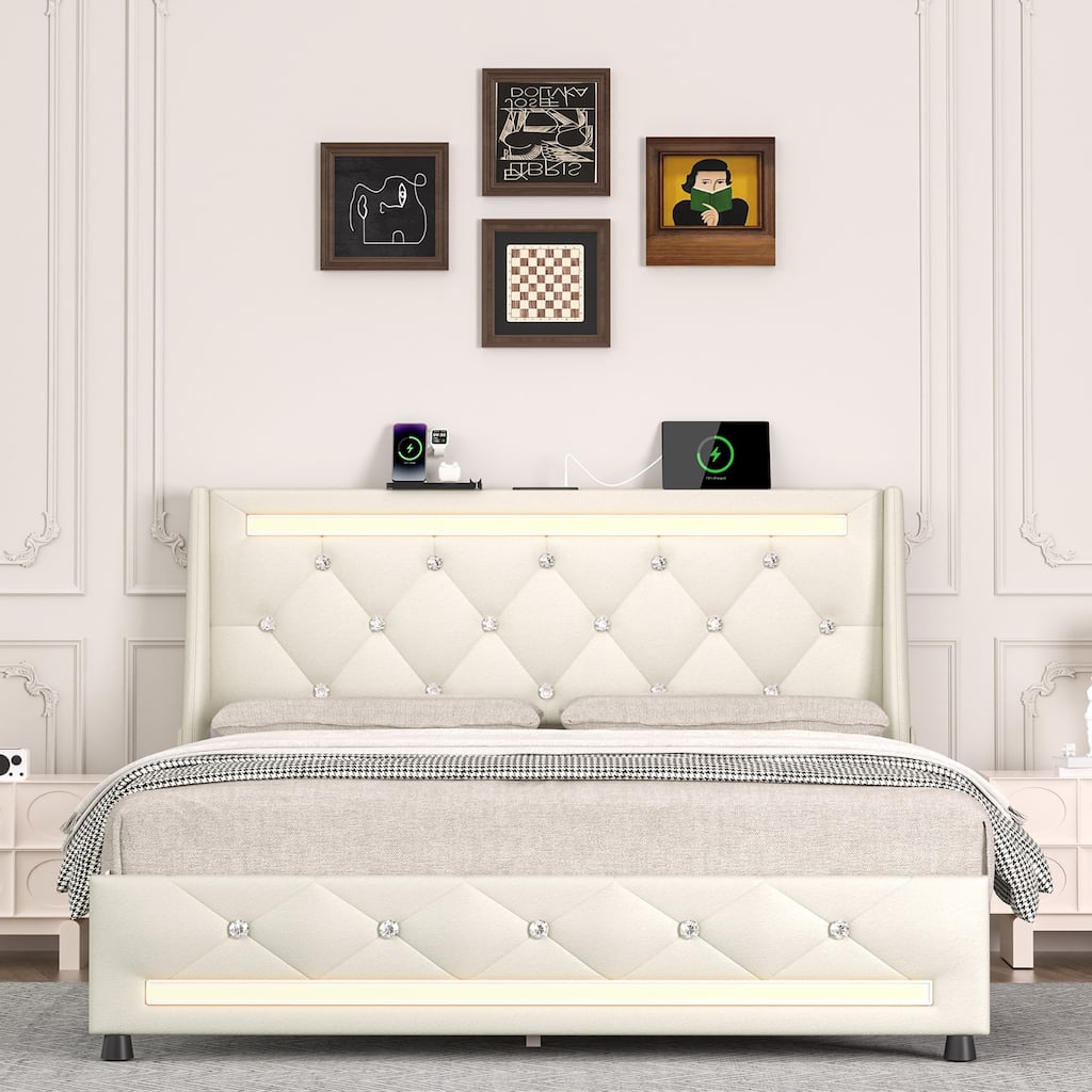 Full Size Upholstered Platform Bed Frame with Headboard, LED Lights, Charging Station, and Storage