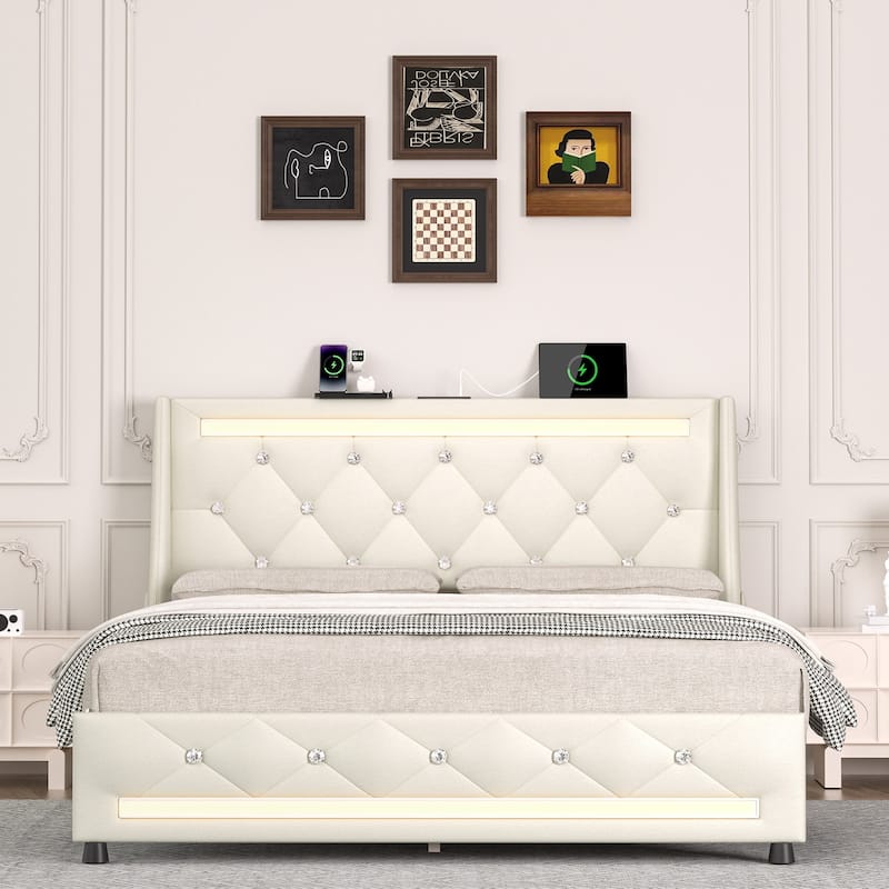Heavy Duty Metal Bed Frame with Wood Slat, Upholstered Wingback Platform Bed, Diamond Tufted LED Headboard with Charging Station