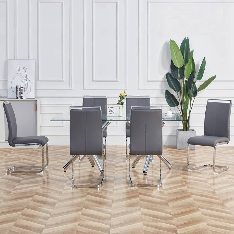 Modern PU Faux Leather High Back Dining Chairs with C-shaped Tube Chrome Metal Legs