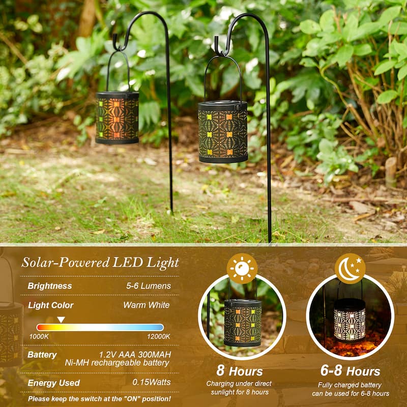 Glitzhome Set of 2 Metal Cutout Laser Outdoor Solar Lantern with Hanging LED Light Garden Stakes