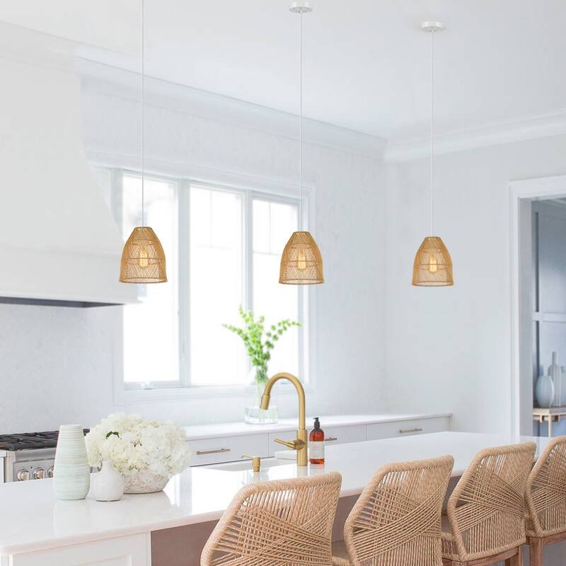 True Fine Eclectic Natural Rattan Bell Island Mini Pendant Light with White Hardware - 8.6 in. W