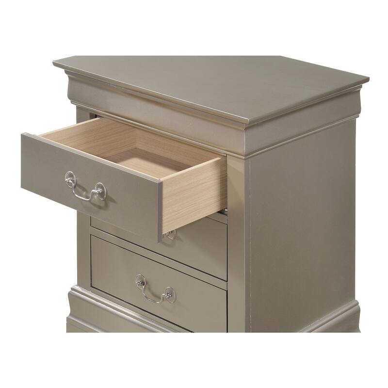 Silver Champagne Nightstand 29x21x16 with Three Drawers, Compact Bedside Table for Storage and Elegant Bedroom Accent