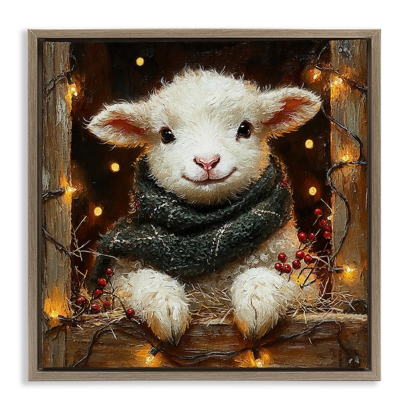Stupell Festive Lamb with Holiday Lights Framed Floater Canvas Wall Art Design By Riley B - 18 x 18 - Brown