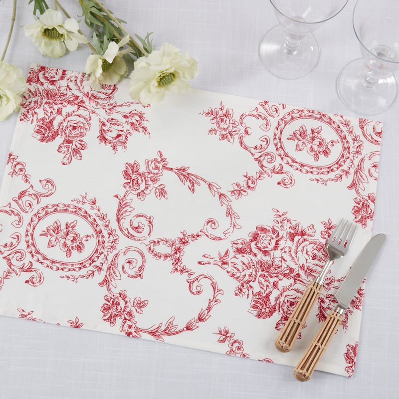 Toile Linen-Blend Placemats (Set of 4) - Vintage Floral Print for Dining Tables & Layered Place Settings, 14"x20"