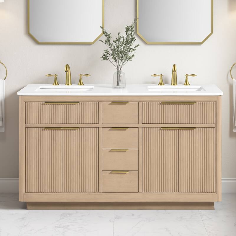 OVE Xander Bathroom Vanity with White Engineered Stone Top - 60" - Sahara Birch