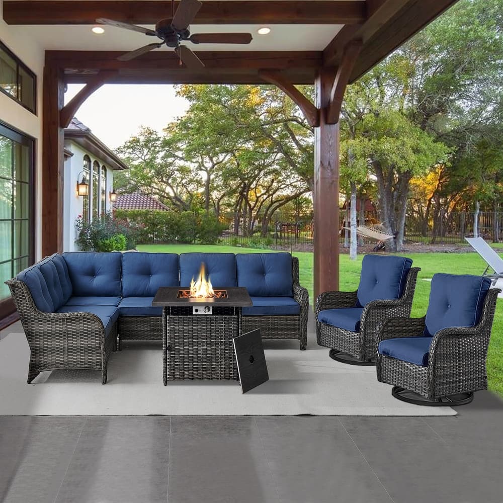 Gymojoy 4-Piece Outdoor Wicker Patio Furniture with Fire Pit and L-shaped Sectional Sofa, Coversation Set with Thick Cushions