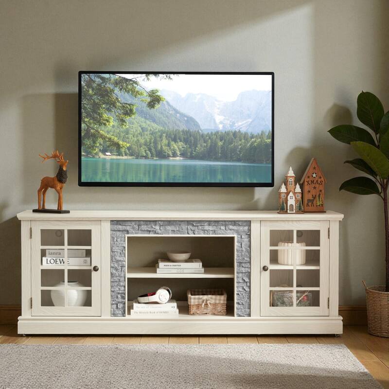 70'' Modern TV Stand for 75'' TV, Faux Stone Media Console with Cabinets, Cable Management & Adjustable Shelves - White