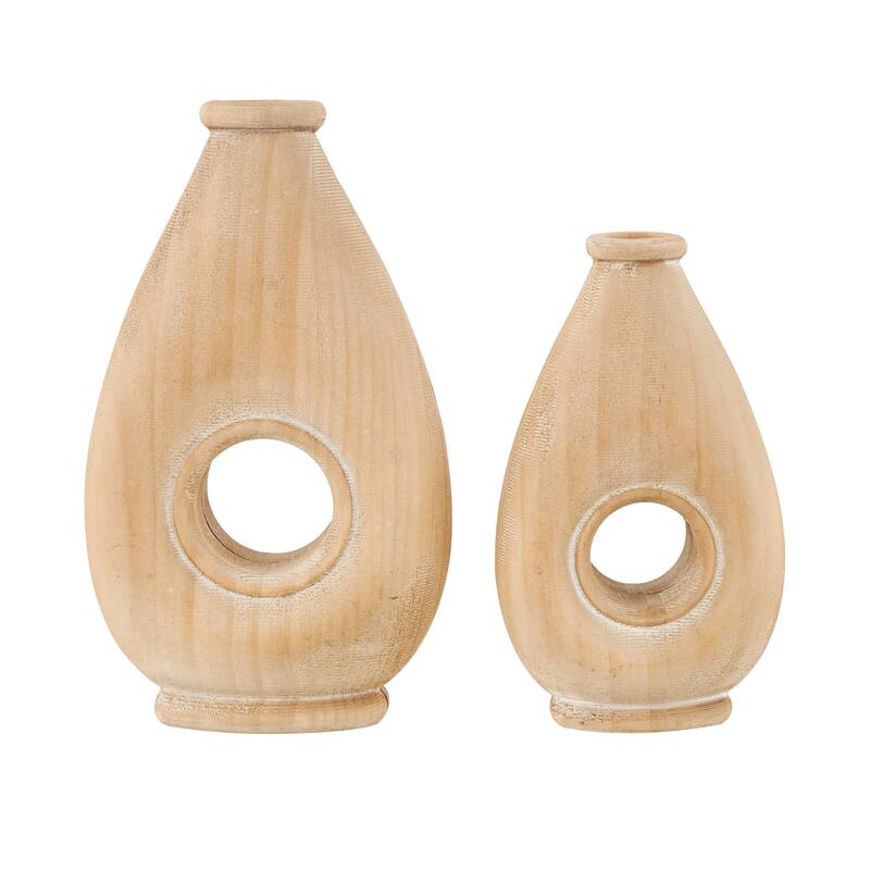 Brown Wood Teardrop Decorative Vase with Cutout Center (Set of 2)