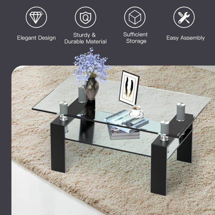 Rectangle Glass Table with Metal Legs for Living Room - 39" x 23.5" x 17.5"