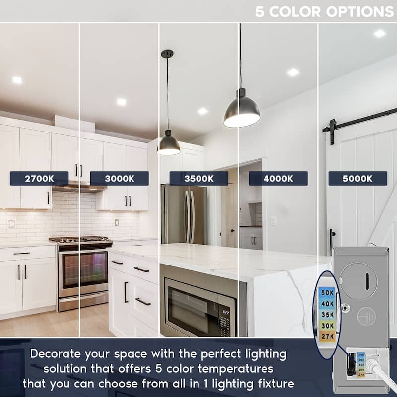 Luxrite 6" Square LED Recessed Ceiling Light J-Box 18W 5 Color Selectable 1800LM Dimmable Wet Rated IC Rated ETL - 1 Pack