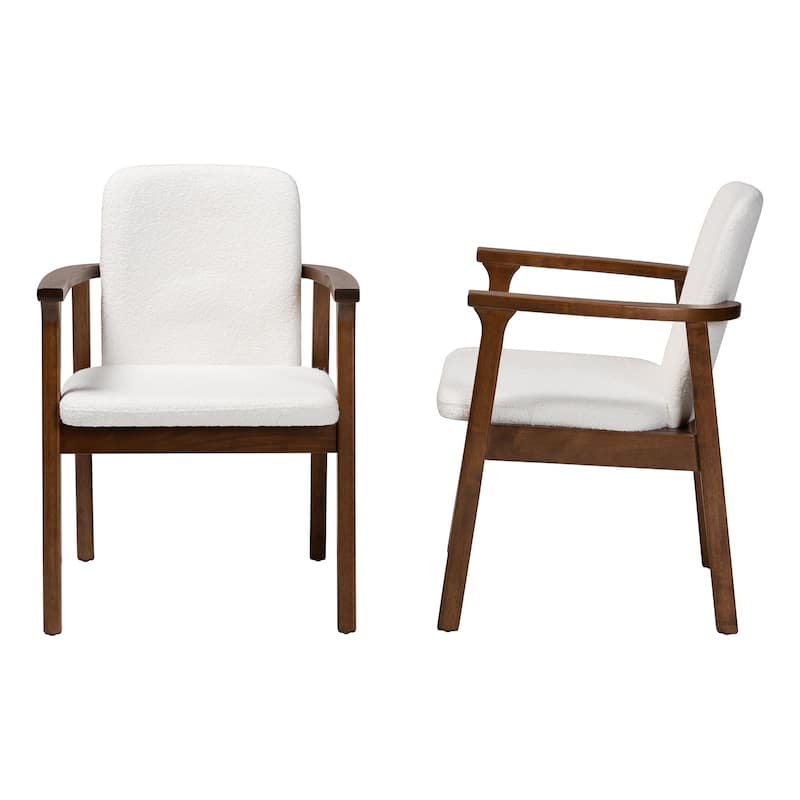Miyagi Boucle Fabric Dining Chair - Mid-Century Modern Armchair with Solid Wood Frame and Rounded Back, Walnut Brown and White