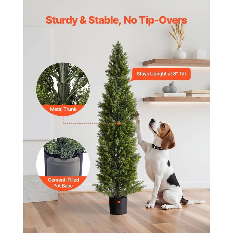 Set of 2 Artificial Topiary Cedar Trees Faux Greenery with Iron & PE Trunks, Weather-Resistant Decorative Plants