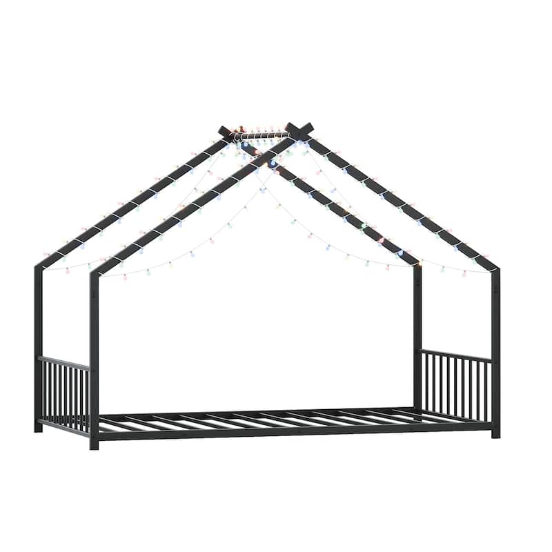 House-shaped Bed Frame, Toddler Kid Iron Floor Bed with House Roof Frame and LED Light Strips, House Daybed