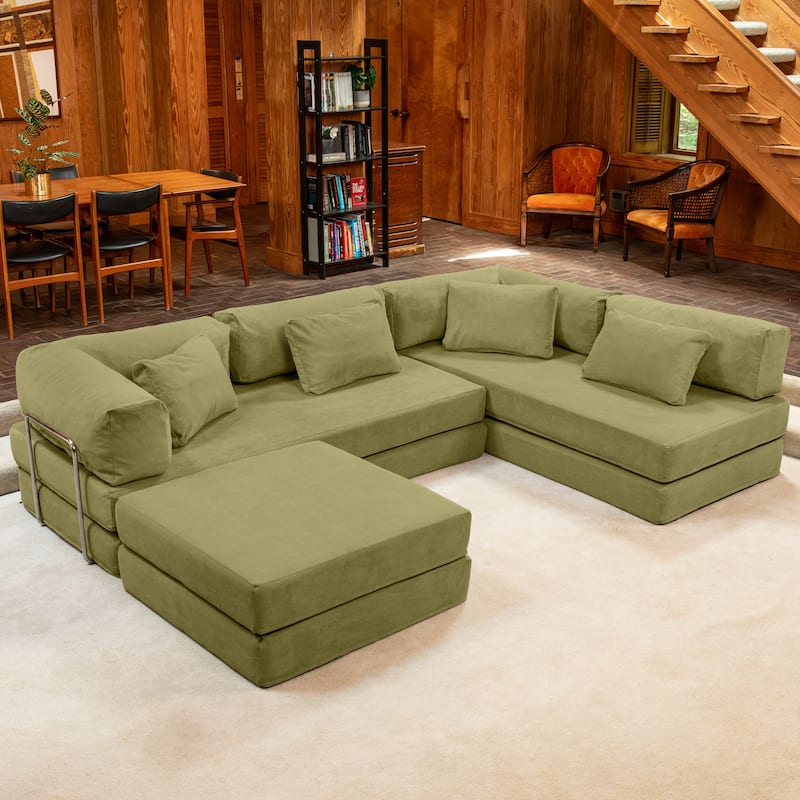 Jaxx Unsofa Modular Convertible Sectional Sofa with Fold Out King Sleeper Bed - U-Shaped Sectional. - Corduroy Moss Green