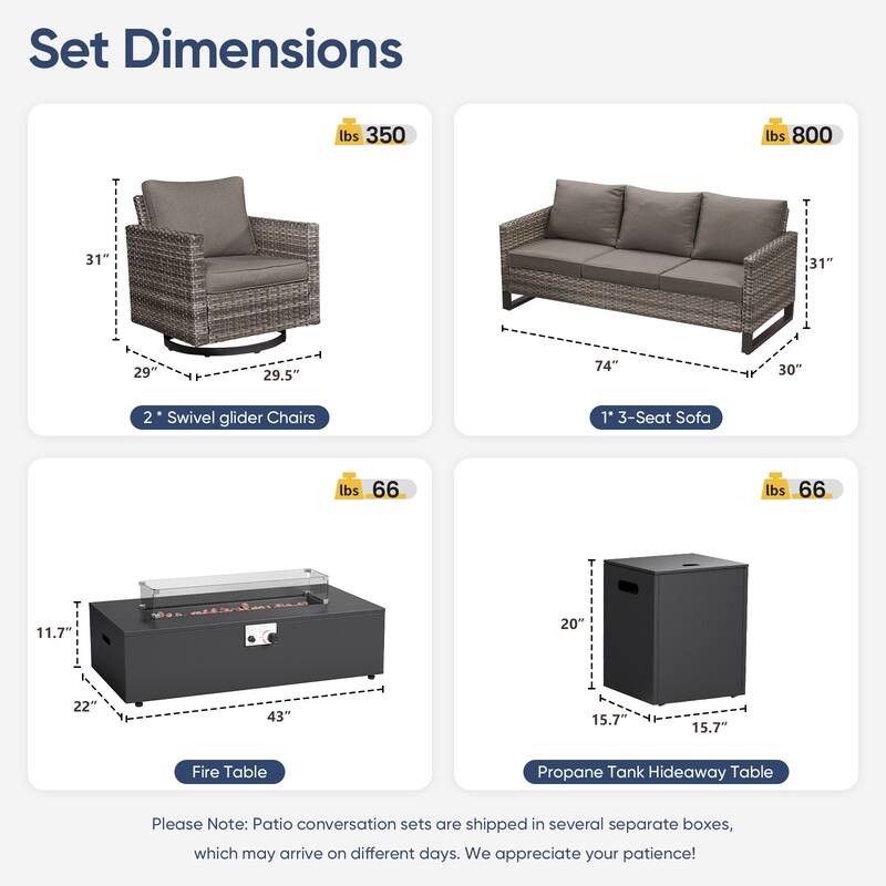 Pocassy 5 Piece Ptio Sofa Swivel Chair with Fire Pit Table