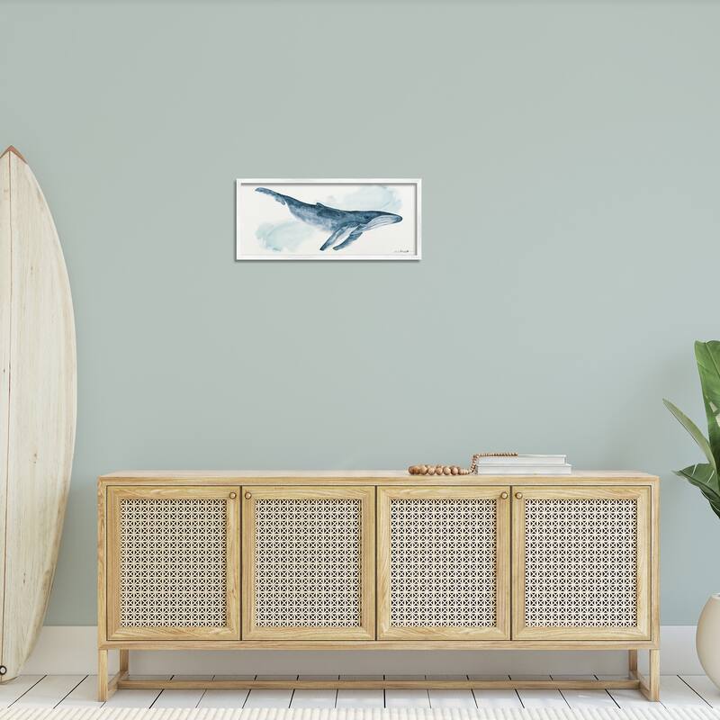 Stupell Nautical Humpback Whale Marine Animal Blue Watercolor Painting Framed Wall Art - White