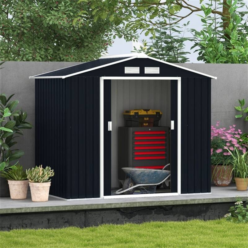 Dark Grey Galvanized Steel Outdoor Storage Shed with Sliding Doors and Vents - 83.75” W x 51.25” D x 72.75” H