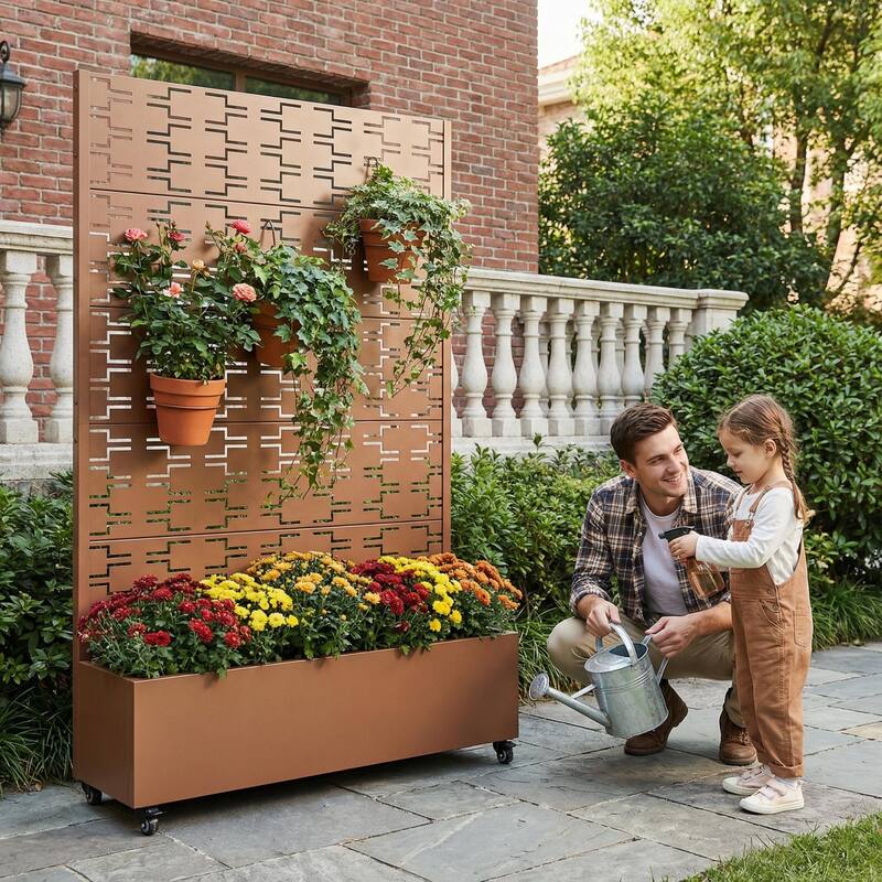 Metal Planter Box with Trellis Privacy Screen Planter Box with Lockable Wheels