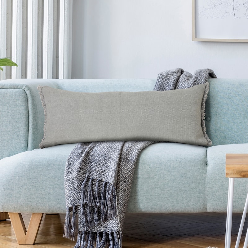 Sevita Light Gray Solid Stonewash Throw Pillow with Fringe - 14" x 36" - Polyester