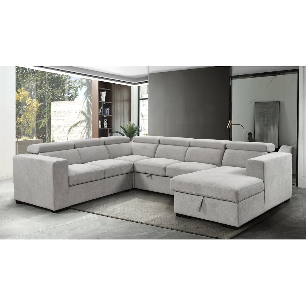 U-Shaped Sectional Sofa with Adjustable Headrest and Storage Chaise