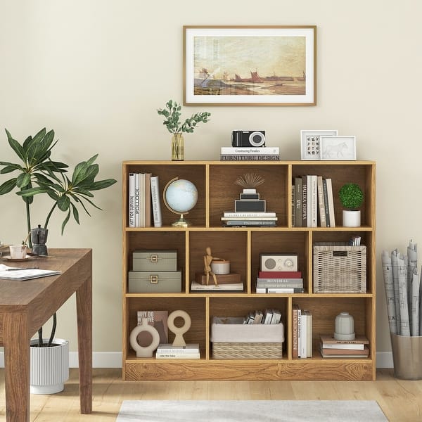 slide 2 of 23, 41 inches Wooden Toy Storage Organizer with 10 Cubes for Kids - 47.5" x 9.5" x 41" (L x W x H) Natural