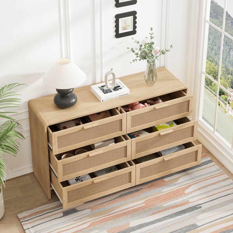 51.18'' Arc Shaped Corner Rattan Cabinet, 6-Drawers Rattan Storage Cabinet Rattan Drawer, for Living Room Bedroom,and Kitchen