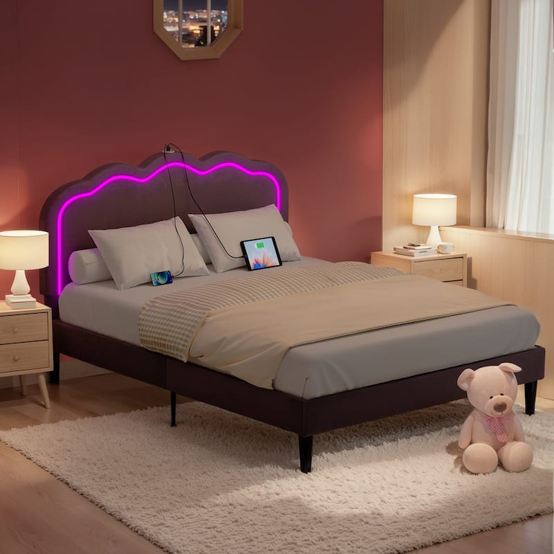 VECELO Luxury Velvet Smart Bed Frame with RGB Headboard & USB/Type-C Charging Height-Adjustable Headboard